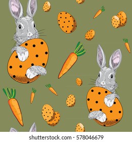 Easter bunny with eggs and carrots. Seamless pattern on green background