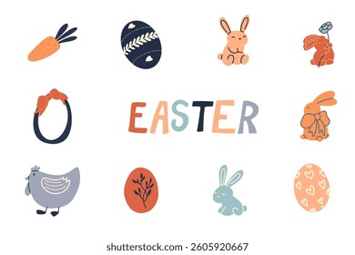 Easter bunny, eggs, chicken, lettering in flat style