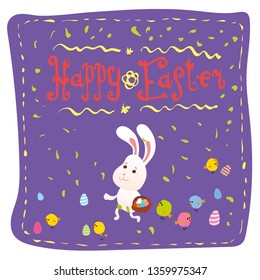 Easter bunny, Easter eggs, chickens. Spring Easter holiday card.