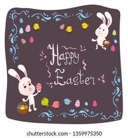 Easter bunny, Easter eggs, chickens. Spring Easter holiday card.