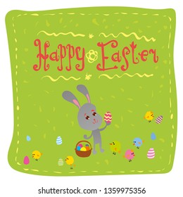 Easter bunny, Easter eggs, chickens. Spring Easter holiday card.