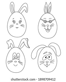 Easter bunny eggs coloring page. Cute vector characters for Easter. Outline coloring book for children.