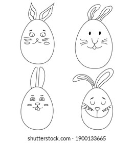Easter bunny eggs coloring page. Vector characters for Easter. Outline coloring book for kids