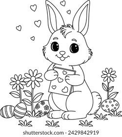 Easter bunny with eggs coloring page for kids