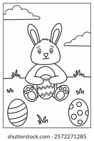 easter bunny with easter eggs coloring page, easter worksheet for kids, easter coloring page activity for children 