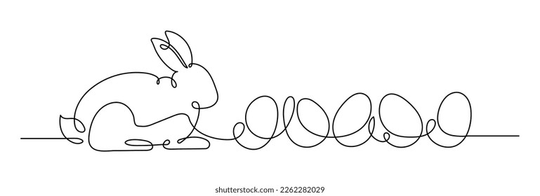 Easter bunny with Easter eggs. Continuous line drawing. Border frame.