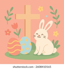 easter bunny with easter eggs and cross in flat style pastel color