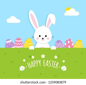 Easter bunny with eggs. Cute Easter card. Vector