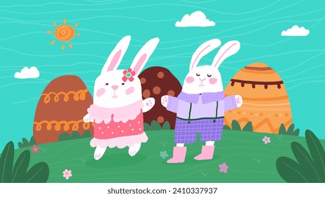 Easter bunny and eggs cute vector illustration