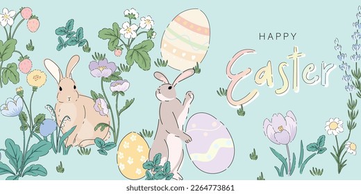 easter bunny with eggs decorate with minimal flower