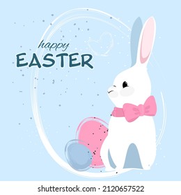 Easter bunny with eggs of different colors, blue background, vector graphics