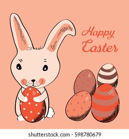 Easter bunny with eggs with dots, stripes and stars. Vector illustration on pink background