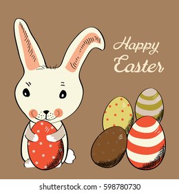 Easter bunny with eggs with dots, stripes and stars. Vector illustration on brown background