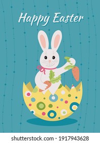 Easter Bunny and eggs in a flat style - card. 
Vector Template greeting card, banner, poster with a bunny and Easter eggs. 