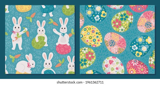 Easter Bunny and Easter eggs with floral pattern - set of Seamless pattern. Background for fabric, textile, wallpaper, poster, web site, card, gift wrapping paper 