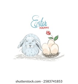 Easter Bunny Eggs and Flower. Happy Easter Party Vector