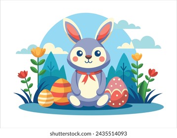 conejito de pascua con huevos y flores