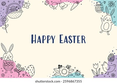 Easter bunny, eggs and flowers on a colourful background. Hand drawn elements in cartoon style. Greeting card. Vector illustration