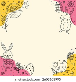 Easter bunny, eggs and flowers on a colourful background. Hand drawn elements in cartoon style. Vector illustration
