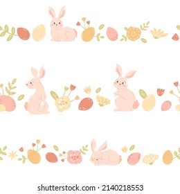 Easter bunny with eggs and flowers in a row. Seamless pattern with borders, cute rabbit, floral compositions. Vector illustration.