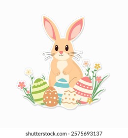 Easter bunny with eggs in flowers sticker isolate