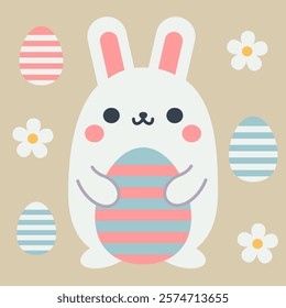 Easter bunny with easter eggs and flowers vector illustration. Cute cartoon character in kawaii style and elegant pastel colors. Easter clipart design elements.