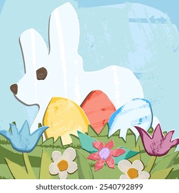  Easter bunny and eggs, free hand draw with texture. Vector isolated graphics. Original cut out style. Pepper like. 