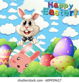 Easter bunny and eggs in garden illustration