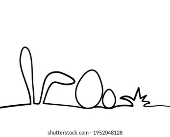 Easter Bunny eggs and grass Continuous One Line Drawing. Easter Card Line Art Style with Rabbit. Hand drawn easter eggs on background