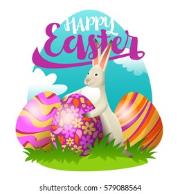 Easter Bunny and eggs in grass.  Greeting card. Happy Easter. Vector illustration.