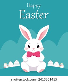 easter bunny with easter eggs. greeting card with bunny. Happy Easter. Cute rabbit. Bunny ears and Easter eggs. Vector illustration. 
