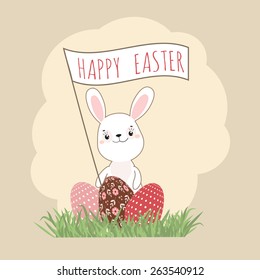 Easter bunny and easter eggs. Greeting card. Vector