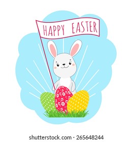 Easter bunny and easter eggs. Greeting card. Vector
