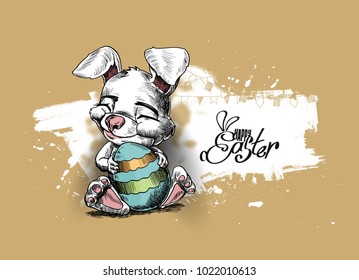 Easter bunny and Easter eggs, Hand Drawn Sketch Vector illustration.