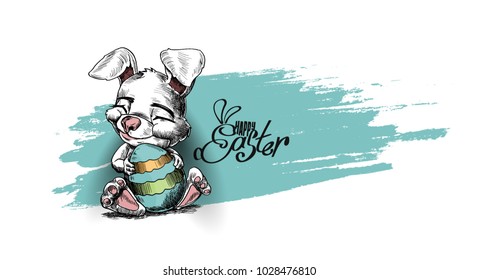 Easter bunny and Easter eggs, Hand Drawn Sketch Vector illustration.