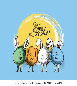 Conejo de Pascua y Huevos de Pascua, ilustración del Vector de Esbozo Dibujado a Mano.