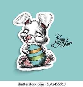 Easter bunny and Easter eggs, Hand Drawn Sketch Vector illustration.