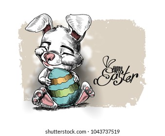 Easter bunny and Easter eggs, Hand Drawn Sketch Vector illustration.