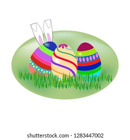 Easter bunny and eggs. Holyday background design. Modern stylish abstract card for greeting. Symbol love, life, spring. Colorful template for prints, banner, card, label, etc. Vector illustration