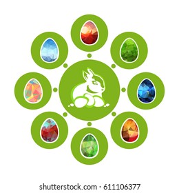 Easter bunny and eggs isolated on white background. Holiday set. Design elements for greeting cards or flyers.