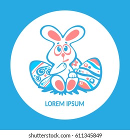 Easter bunny and eggs isolated on white background. Holiday set. Design element for greeting cards or flyers.