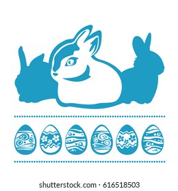 Easter bunny and eggs isolated on white background. Design elements for greeting cards or flyers.