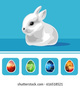Easter bunny and eggs isolated on white background. Design elements for greeting cards or flyers.