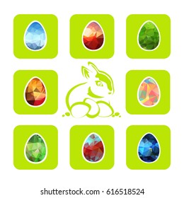Easter bunny and eggs isolated on dark background. Vector icons set. Design elements for greeting cards or flyers.