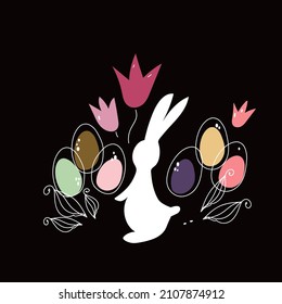 Easter bunny and eggs line art doodle sketch vector illustration.