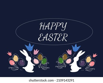 Easter bunny and eggs line art doodle sketch vector illustration.