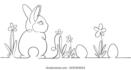 easter bunny with easter eggs line art style vector illustration