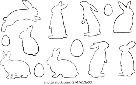 Easter bunny and eggs line art shapes clip art vector set