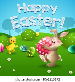 Easter bunny and eggs with little duck in field