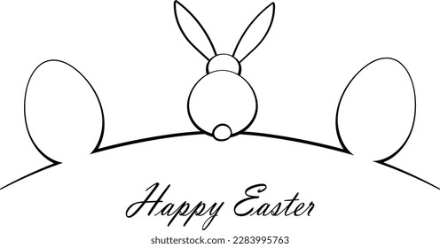 Easter bunny and Easter eggs, minimalist Easter card on a white background, minimalist outline illustration